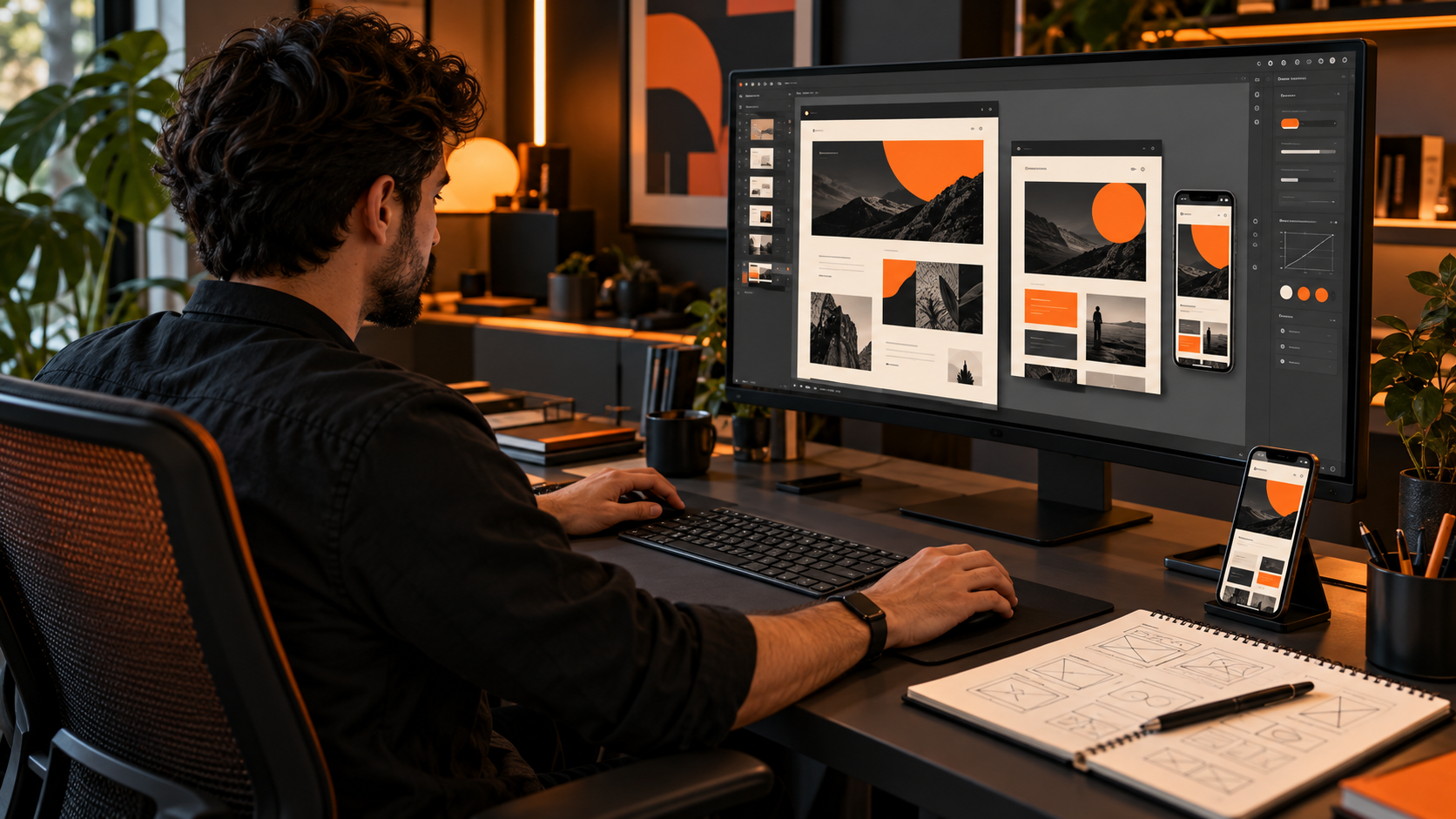 Designer desenvolvendo versões de um site para computador, tablet e celular