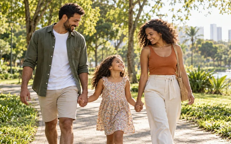 Família caminhando em um parque