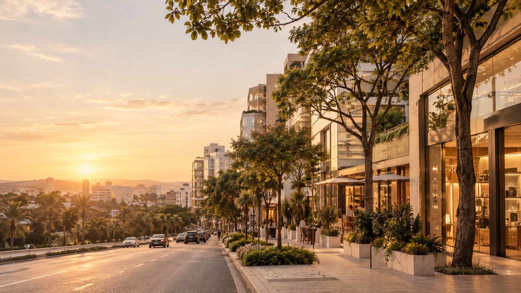 Avenida elegante de uma cidade moderna ao pôr do sol