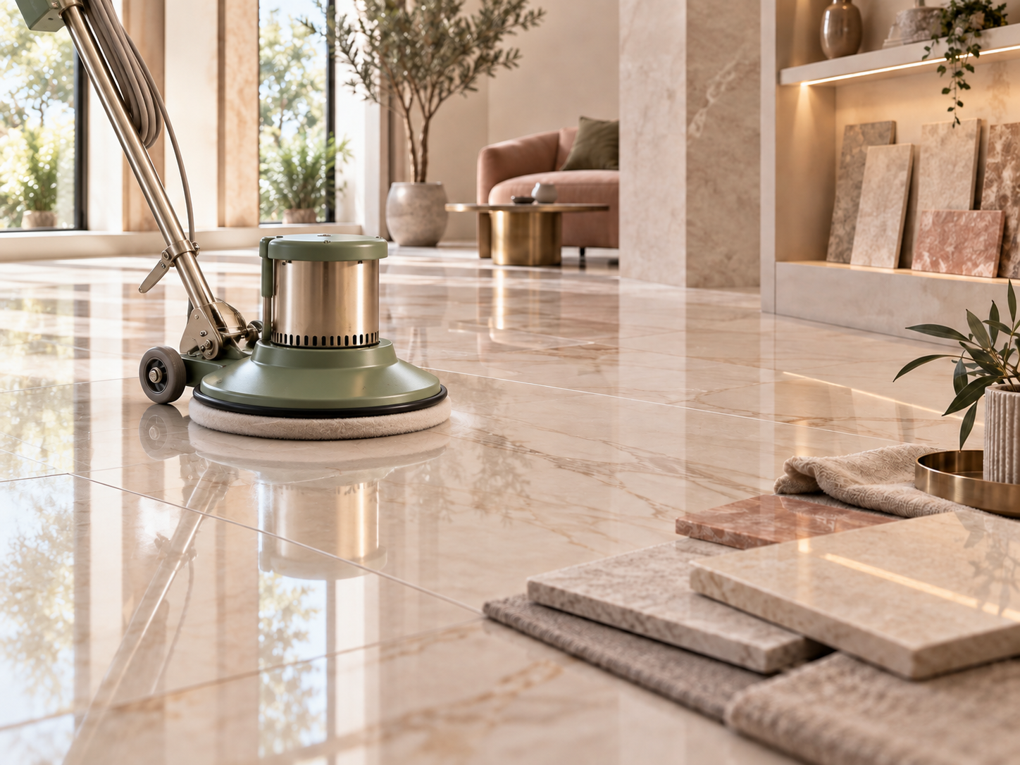 Polimento profissional de piso de porcelanato com máquina politriz